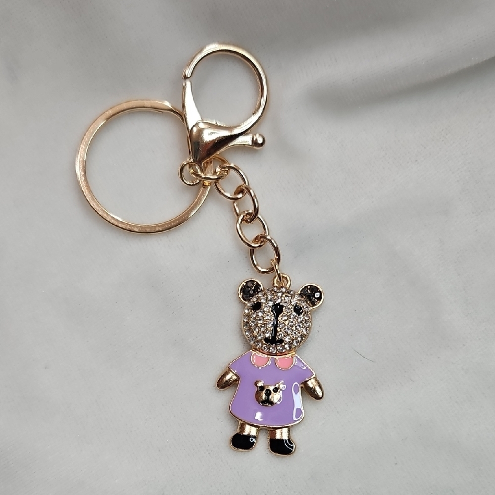 Cute Teddy Bear Wearing Purple Dress Keychain Purse Charm Rhinestones Gold Tone